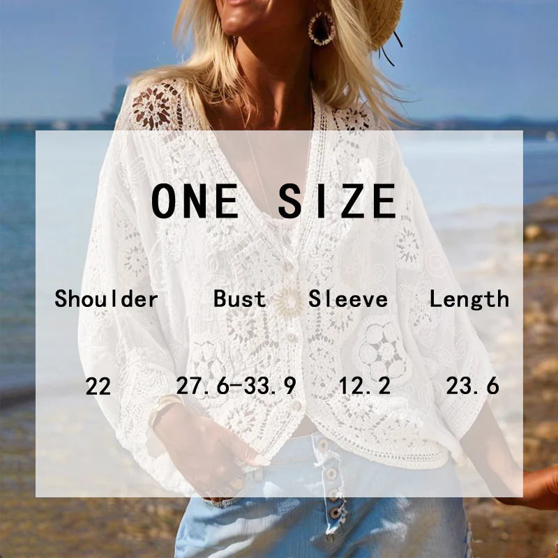 Women Fashion V-Neck Button Lace Semi-Sheer Geometric Pattern Mid-Length Sleeve Lightweight Cardigan