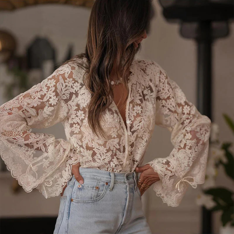 Women Elegant Semi-Sheer Solid Color V-Neck Floral Lace Embroidery Ruffle Neckline and Cuffs Drawstring Sleeves Summer Tops