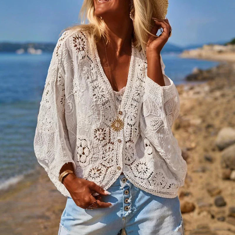 Women Fashion V-Neck Button Lace Semi-Sheer Geometric Pattern Mid-Length Sleeve Lightweight Cardigan