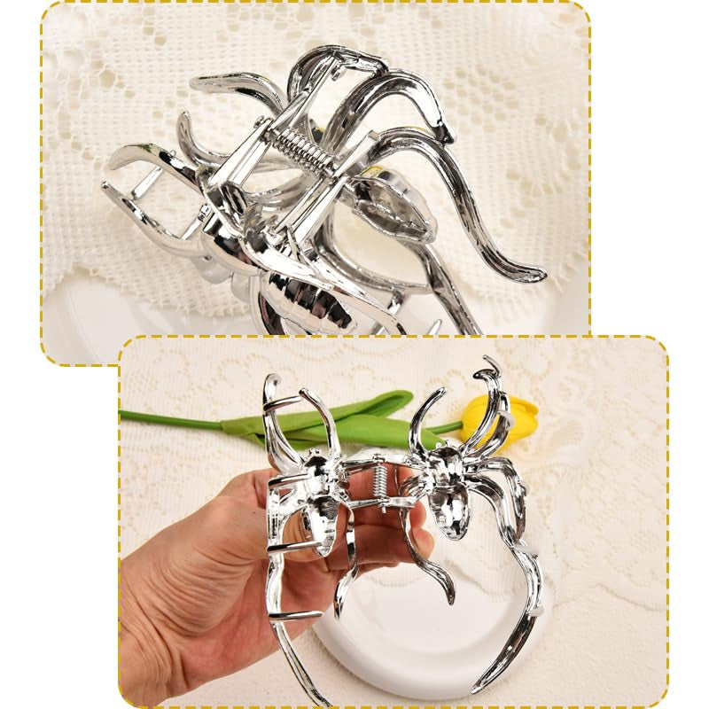 Spider Hair Claw Clips for Women Gothic Hair Clip Pin for Thick Thin Hair Punk Hair Barrettes Accessories for Women Big Spider Shark Clips Halloween Party Decorations for Women Silver Metal Hair Jaw