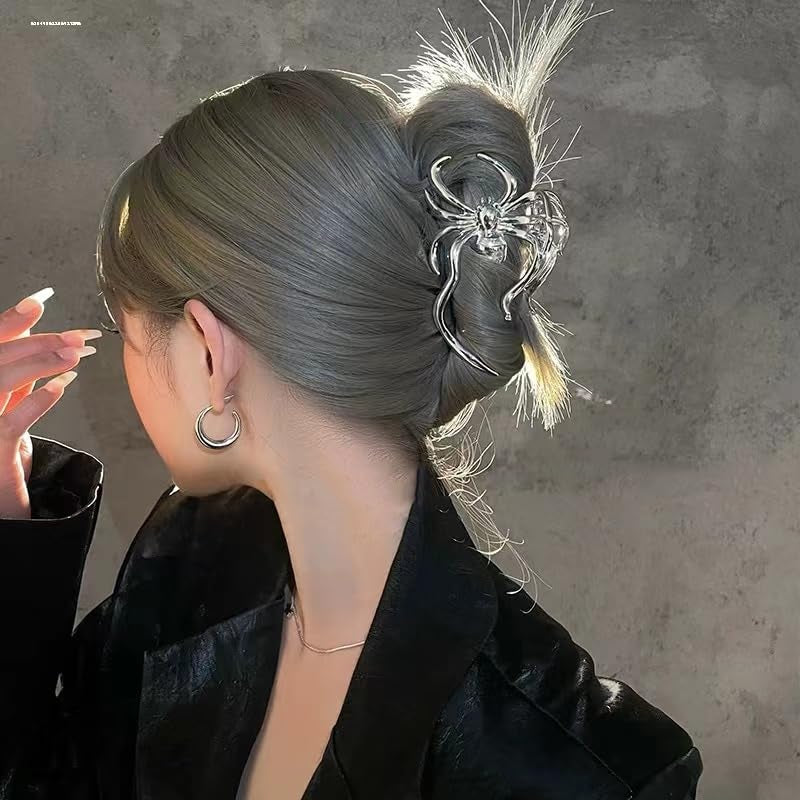 Spider Hair Claw Clips for Women Gothic Hair Clip Pin for Thick Thin Hair Punk Hair Barrettes Accessories for Women Big Spider Shark Clips Halloween Party Decorations for Women Silver Metal Hair Jaw