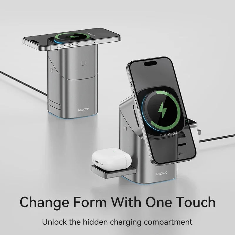 MagSpin 3-in-1 Smart Charger – Auto-Rotate Qi2 15W Fast Charge for iPhone, AirPods & Apple Watch (No Cables, Perfect Alignment)