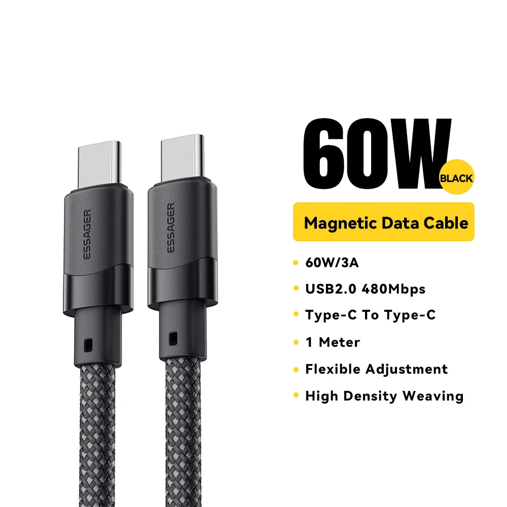100W Magnetic USB-C to C Cable – Ultra-Fast Charging for iPhone 15, Laptops & Samsung (65W Data Sync)