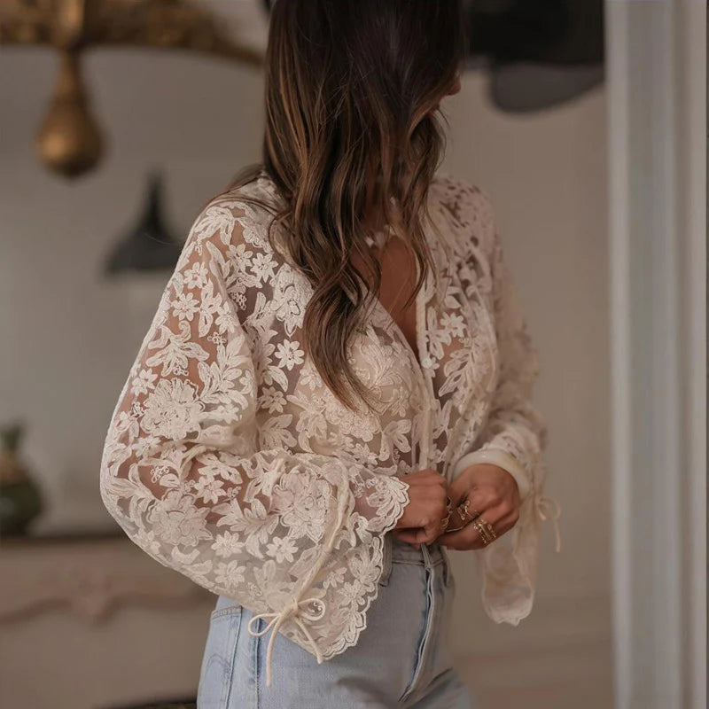 Women Elegant Semi-Sheer Solid Color V-Neck Floral Lace Embroidery Ruffle Neckline and Cuffs Drawstring Sleeves Summer Tops
