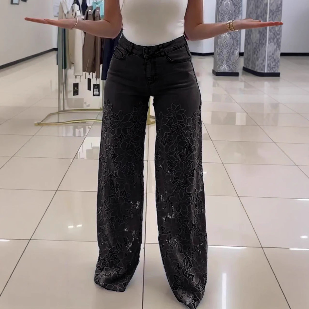 🌸 Y2K Floral Lace Hollow-Out Jeans – High-Waisted Wide-Leg Statement Pants!