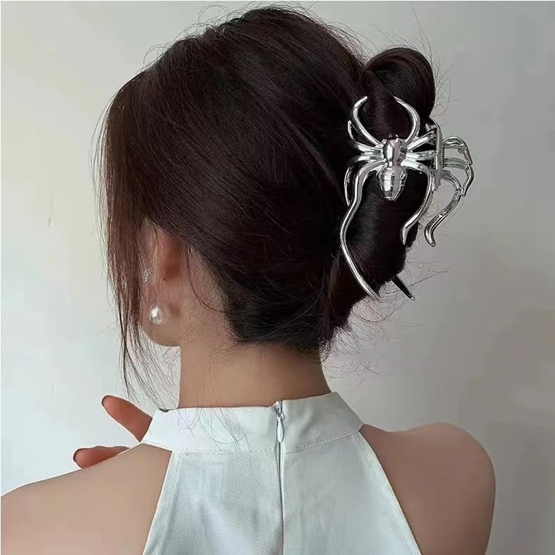 Spider Hair Claw Clips for Women Gothic Hair Clip Pin for Thick Thin Hair Punk Hair Barrettes Accessories for Women Big Spider Shark Clips Halloween Party Decorations for Women Silver Metal Hair Jaw