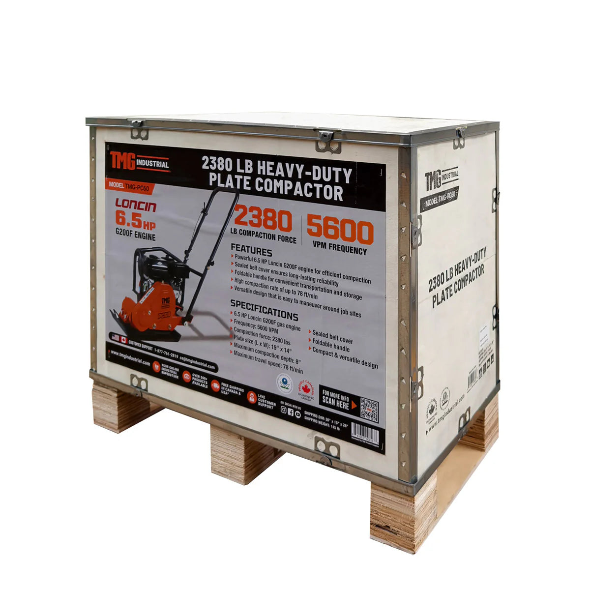 2380 Lbs Heavy-Duty Plate Compactor, 6.5 HP Loncin G200F Engine, 8" Compaction Depth, TMG-PC60