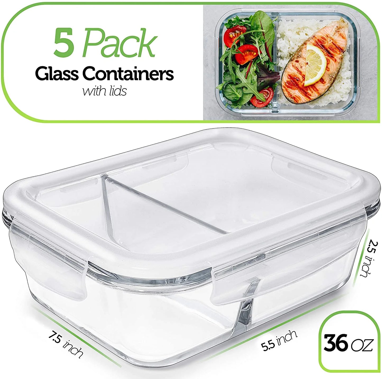 🍱 SmartPortion™ 5-Pack Glass Meal Prep Containers – 2-Compartment, 36oz | Oven & Microwave Safe