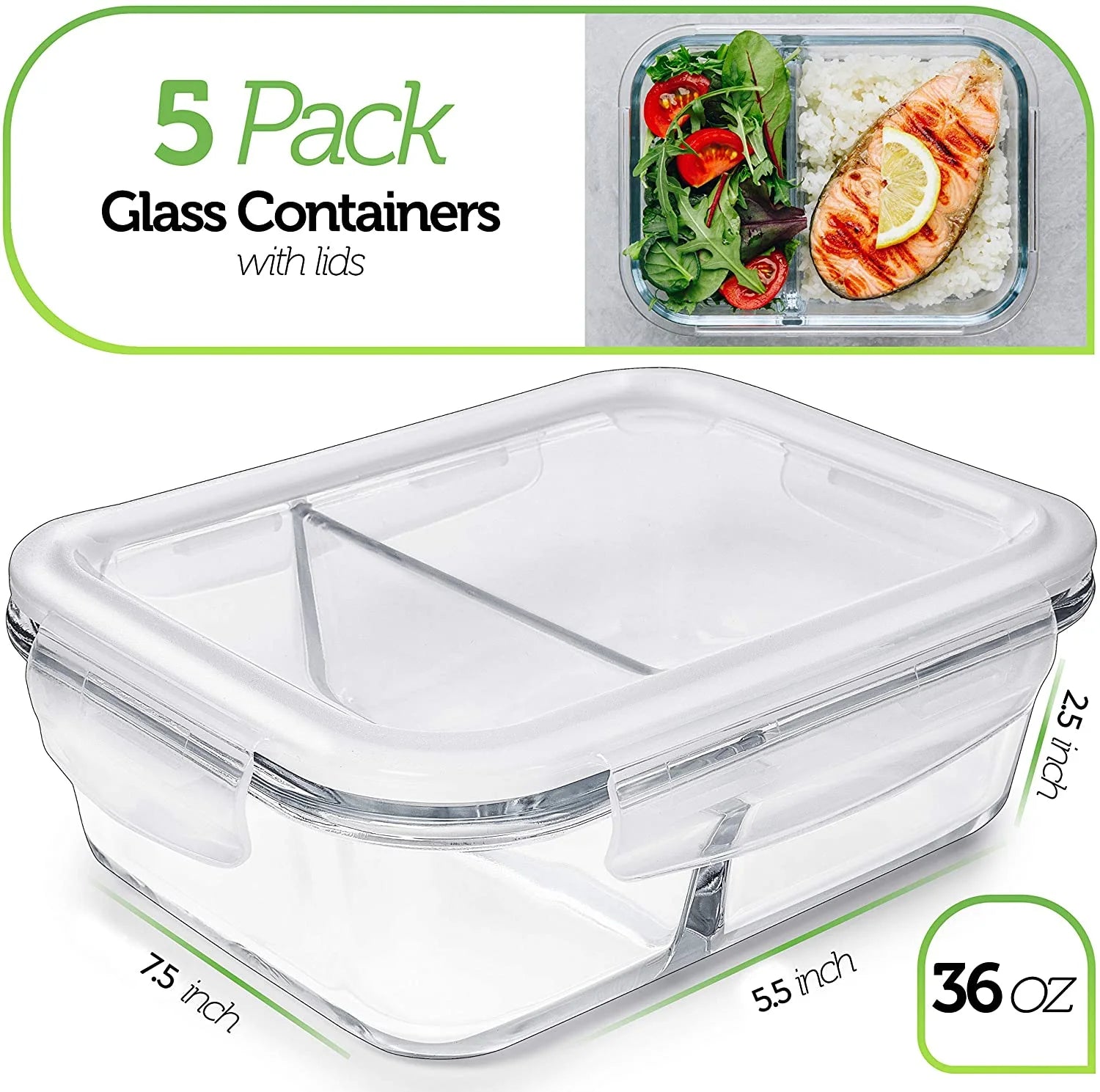 🍱 SmartPortion™ 5-Pack Glass Meal Prep Containers – 2-Compartment, 36oz | Oven & Microwave Safe