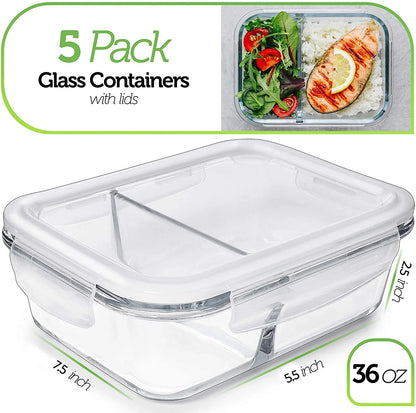 🍱 SmartPortion™ 5-Pack Glass Meal Prep Containers – 2-Compartment, 36oz | Oven & Microwave Safe