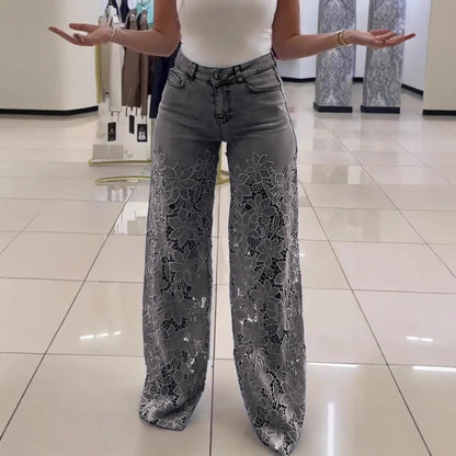 🌸 Y2K Floral Lace Hollow-Out Jeans – High-Waisted Wide-Leg Statement Pants!