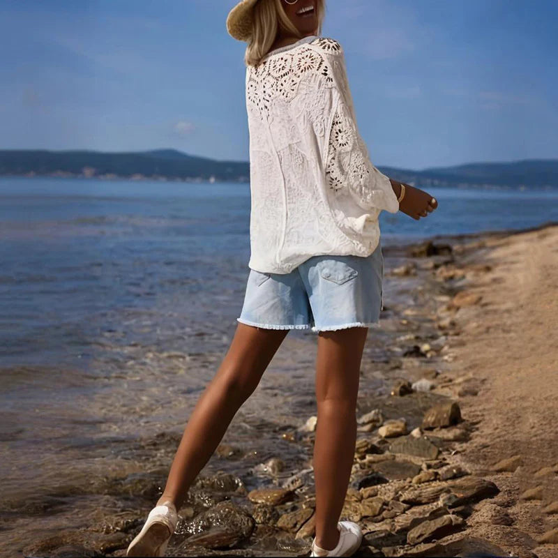 Women Fashion V-Neck Button Lace Semi-Sheer Geometric Pattern Mid-Length Sleeve Lightweight Cardigan