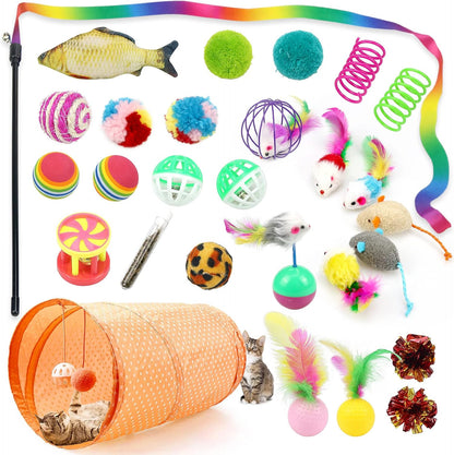 27-Piece Cat Toy Set – Interactive Kitten Toys with Tunnel, Catnip Fish, Feather Wand, Fluffy Mice, Jingle Balls & More – Ultimate Play Pack for Cats & Kittens