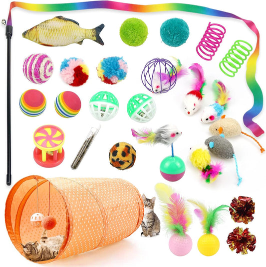 27-Piece Cat Toy Set – Interactive Kitten Toys with Tunnel, Catnip Fish, Feather Wand, Fluffy Mice, Jingle Balls & More – Ultimate Play Pack for Cats & Kittens