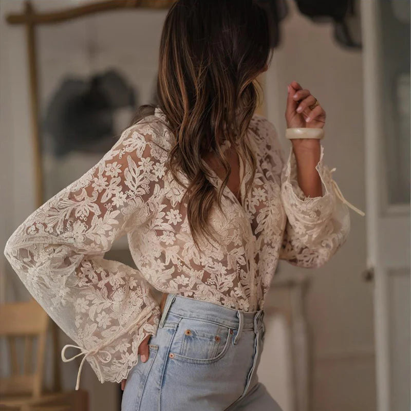 Women Elegant Semi-Sheer Solid Color V-Neck Floral Lace Embroidery Ruffle Neckline and Cuffs Drawstring Sleeves Summer Tops