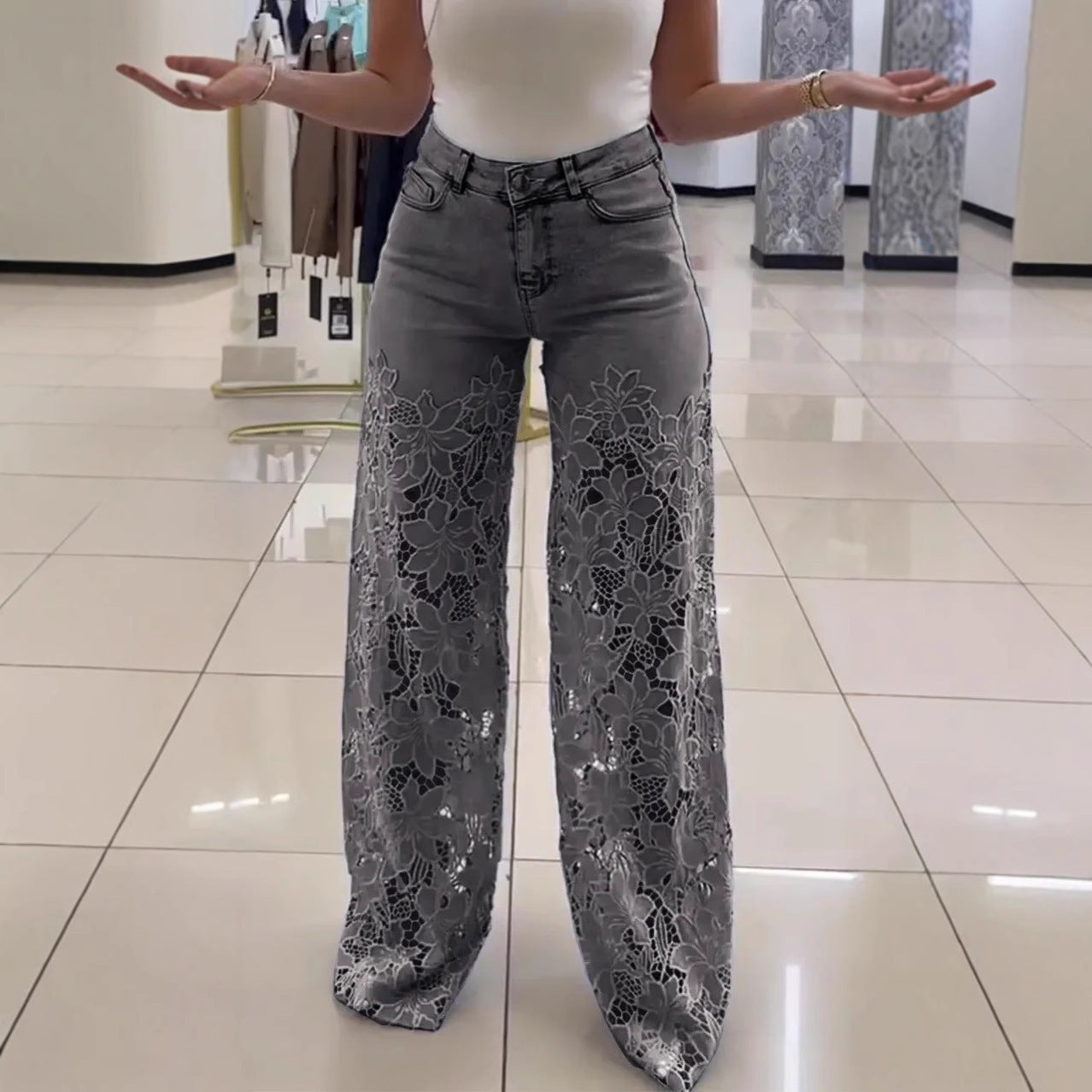 🌸 Y2K Floral Lace Hollow-Out Jeans – High-Waisted Wide-Leg Statement Pants!