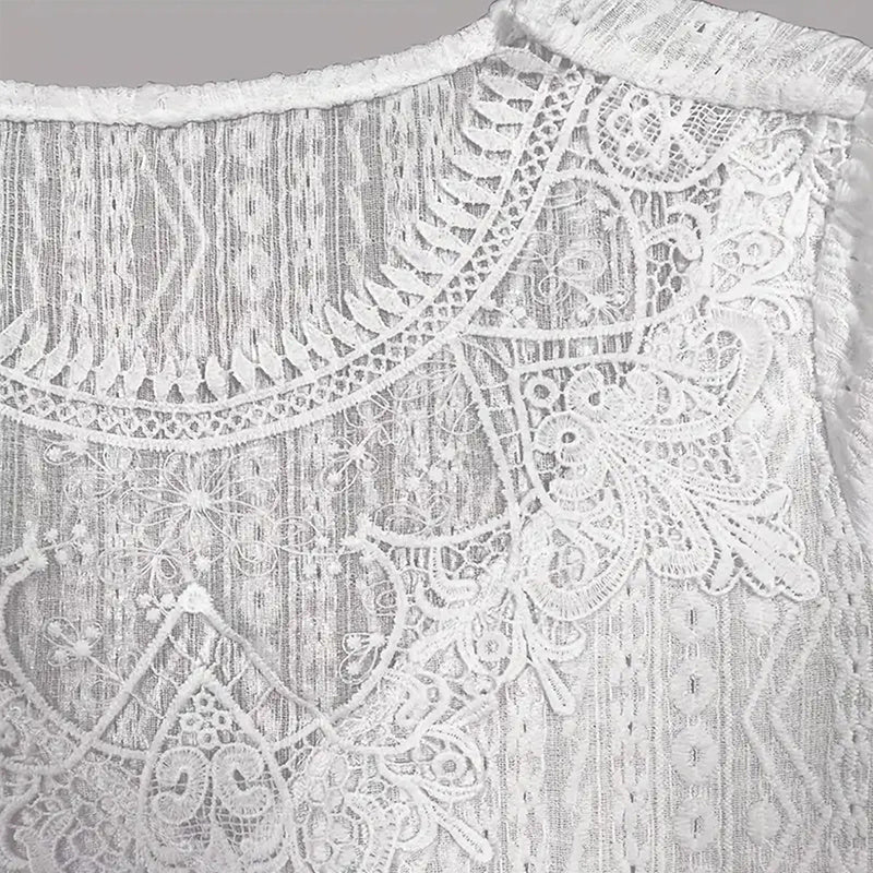 Women round Neck Lace Trim Translucent Shirt Sexy Half Sleeve Hollow Top