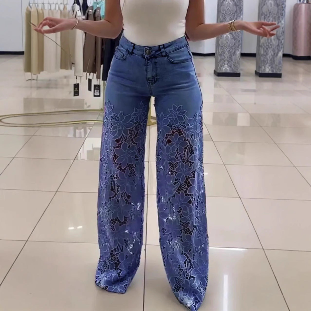 🌸 Y2K Floral Lace Hollow-Out Jeans – High-Waisted Wide-Leg Statement Pants!