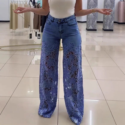 🌸 Y2K Floral Lace Hollow-Out Jeans – High-Waisted Wide-Leg Statement Pants!