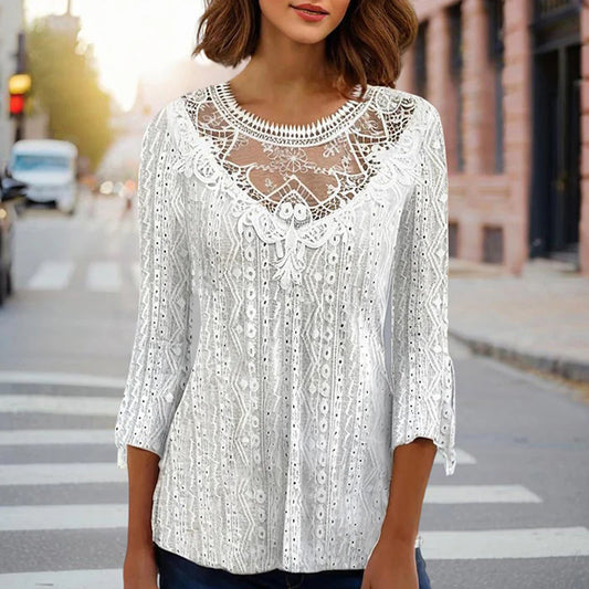 Women round Neck Lace Trim Translucent Shirt Sexy Half Sleeve Hollow Top