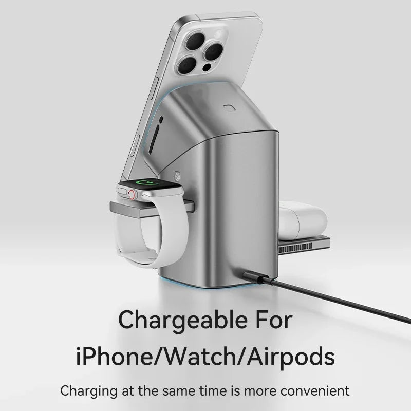 MagSpin 3-in-1 Smart Charger – Auto-Rotate Qi2 15W Fast Charge for iPhone, AirPods & Apple Watch (No Cables, Perfect Alignment)