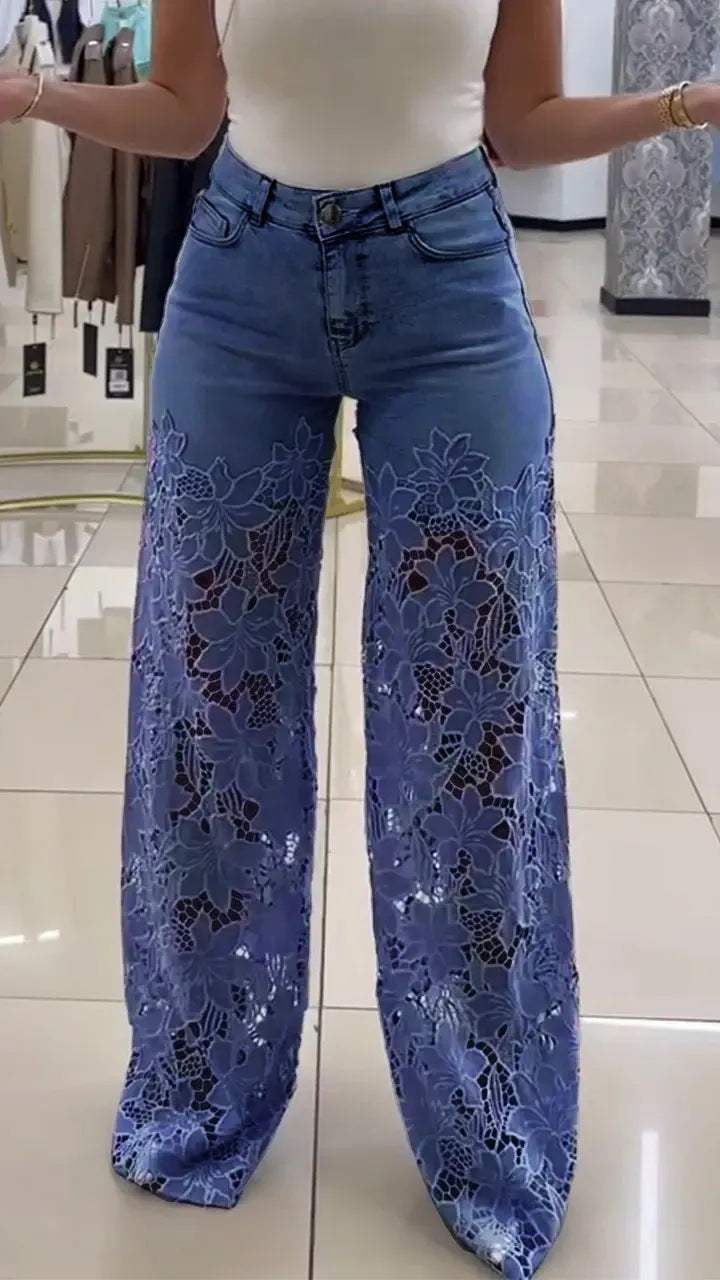 🌸 Y2K Floral Lace Hollow-Out Jeans – High-Waisted Wide-Leg Statement Pants!