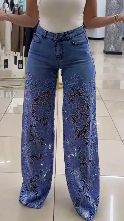 🌸 Y2K Floral Lace Hollow-Out Jeans – High-Waisted Wide-Leg Statement Pants!