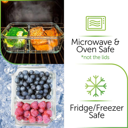 🍱 SmartPortion™ 5-Pack Glass Meal Prep Containers – 2-Compartment, 36oz | Oven & Microwave Safe