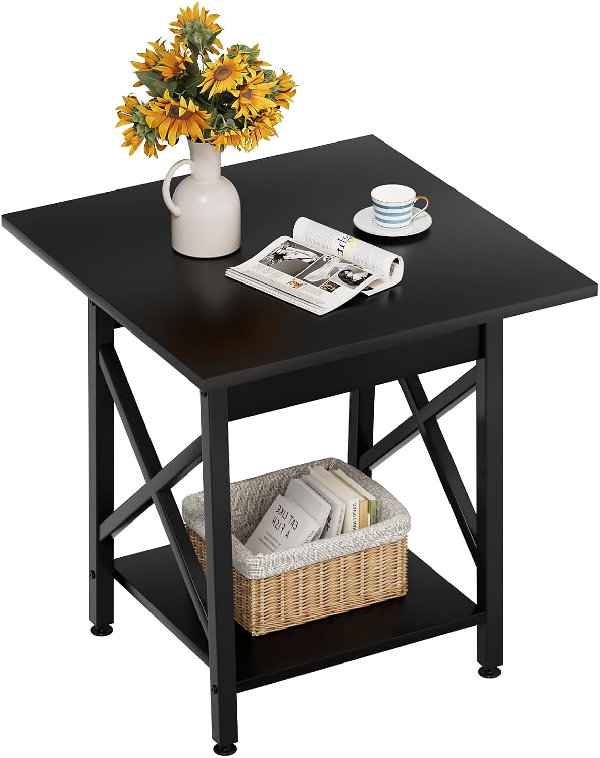 🛋️ Industrial X-Frame End Table – 24" Extra-Large 2-Tier Side Table (Black)