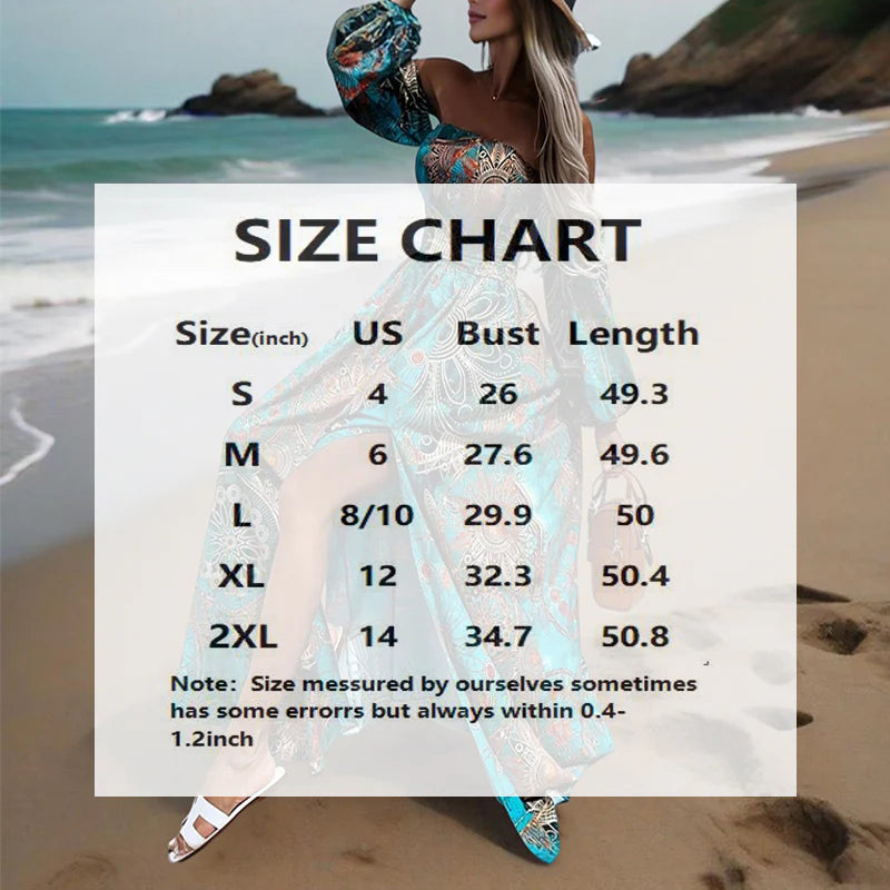 Women Off-The-Shoulder Long Sleeve A-Line Bohemian Beach High Slit Maxi Dress