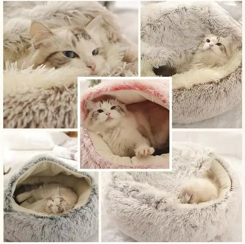 🐾 CozyNest™ 2-in-1 Fluffy Hooded Pet Bed – Cave & Cushion for Cats & Small Dogs | Ultra-Soft, Warm & Washable