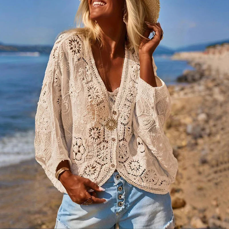 Women Fashion V-Neck Button Lace Semi-Sheer Geometric Pattern Mid-Length Sleeve Lightweight Cardigan