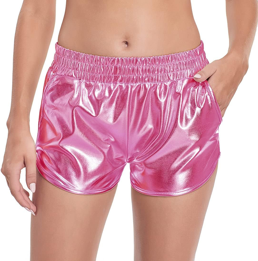 Women'S Metallic Shorts Shiny Pants with Elastic Waist Hot Rave Dance Clothing