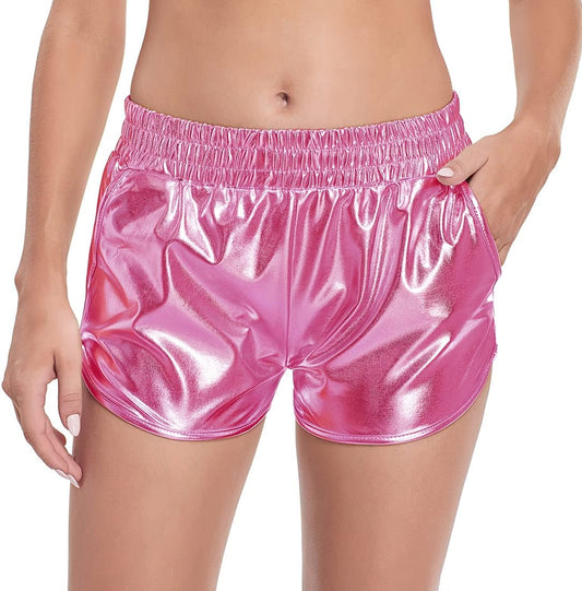 Women'S Metallic Shorts Shiny Pants with Elastic Waist Hot Rave Dance Clothing