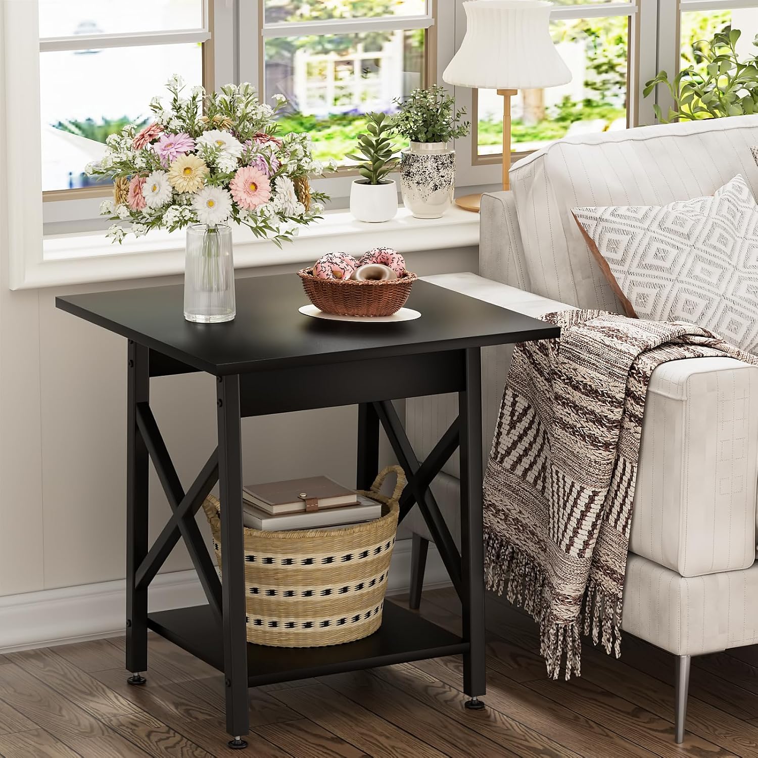 🛋️ Industrial X-Frame End Table – 24" Extra-Large 2-Tier Side Table (Black)