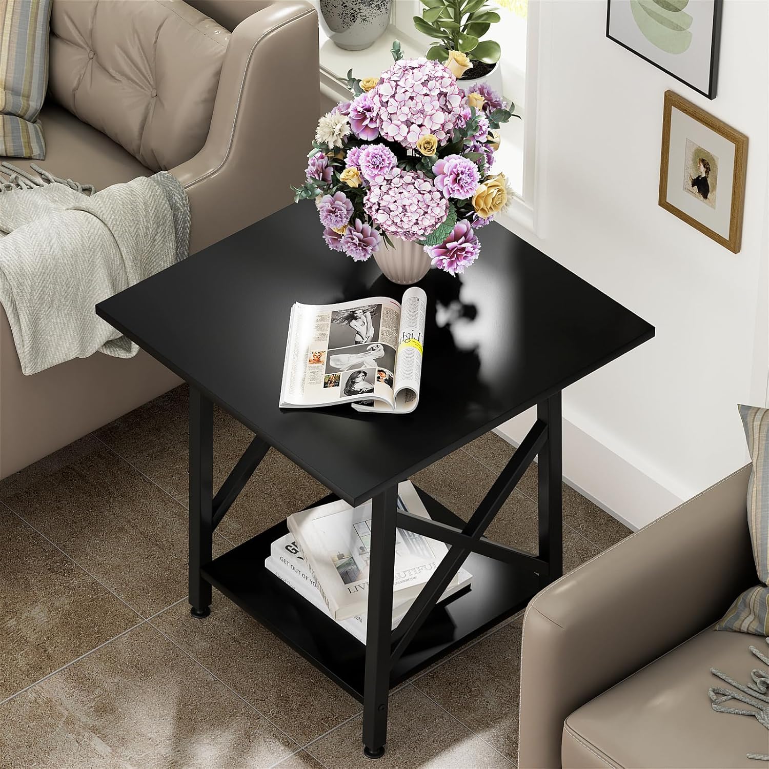 🛋️ Industrial X-Frame End Table – 24" Extra-Large 2-Tier Side Table (Black)
