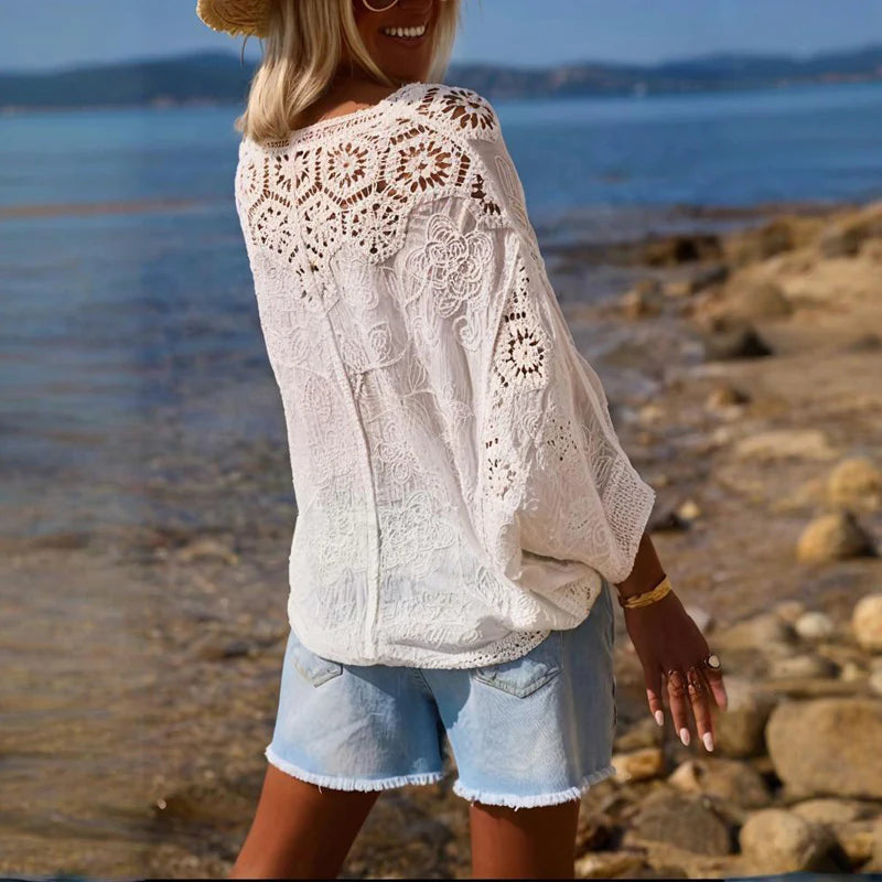 Women Fashion V-Neck Button Lace Semi-Sheer Geometric Pattern Mid-Length Sleeve Lightweight Cardigan