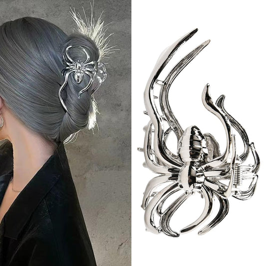 Spider Hair Claw Clips for Women Gothic Hair Clip Pin for Thick Thin Hair Punk Hair Barrettes Accessories for Women Big Spider Shark Clips Halloween Party Decorations for Women Silver Metal Hair Jaw