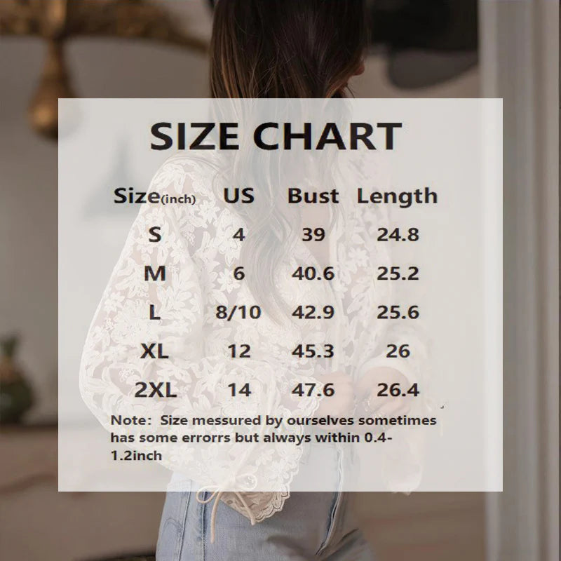Women Elegant Semi-Sheer Solid Color V-Neck Floral Lace Embroidery Ruffle Neckline and Cuffs Drawstring Sleeves Summer Tops