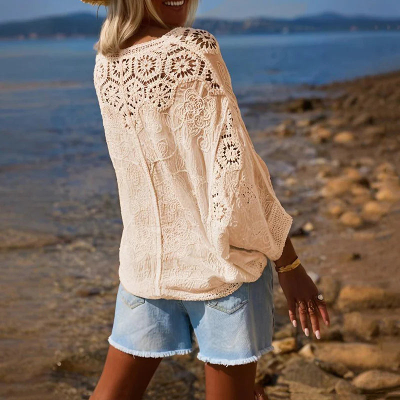 Women Fashion V-Neck Button Lace Semi-Sheer Geometric Pattern Mid-Length Sleeve Lightweight Cardigan
