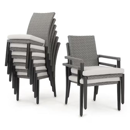 Vistano 9 -Piece Weathered Gray Wicker Patio Dining Set Wicker Rectangle Table with 8 Gray Cushions Stackable Stationary and Motion Chairs