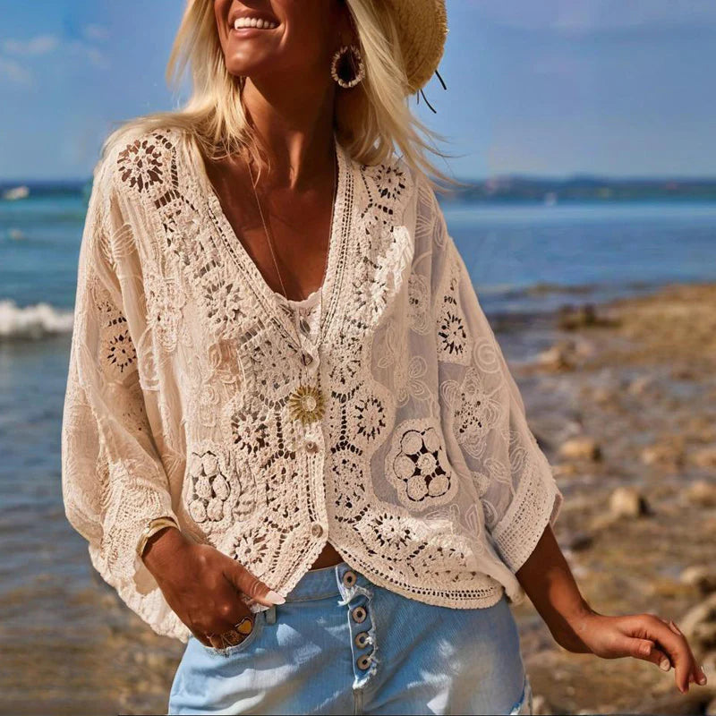 Women Fashion V-Neck Button Lace Semi-Sheer Geometric Pattern Mid-Length Sleeve Lightweight Cardigan