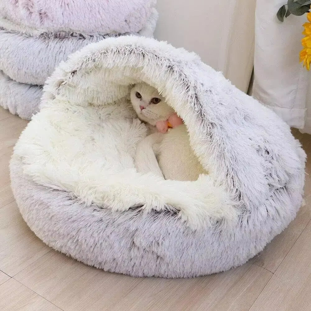 🐾 CozyNest™ 2-in-1 Fluffy Hooded Pet Bed – Cave & Cushion for Cats & Small Dogs | Ultra-Soft, Warm & Washable