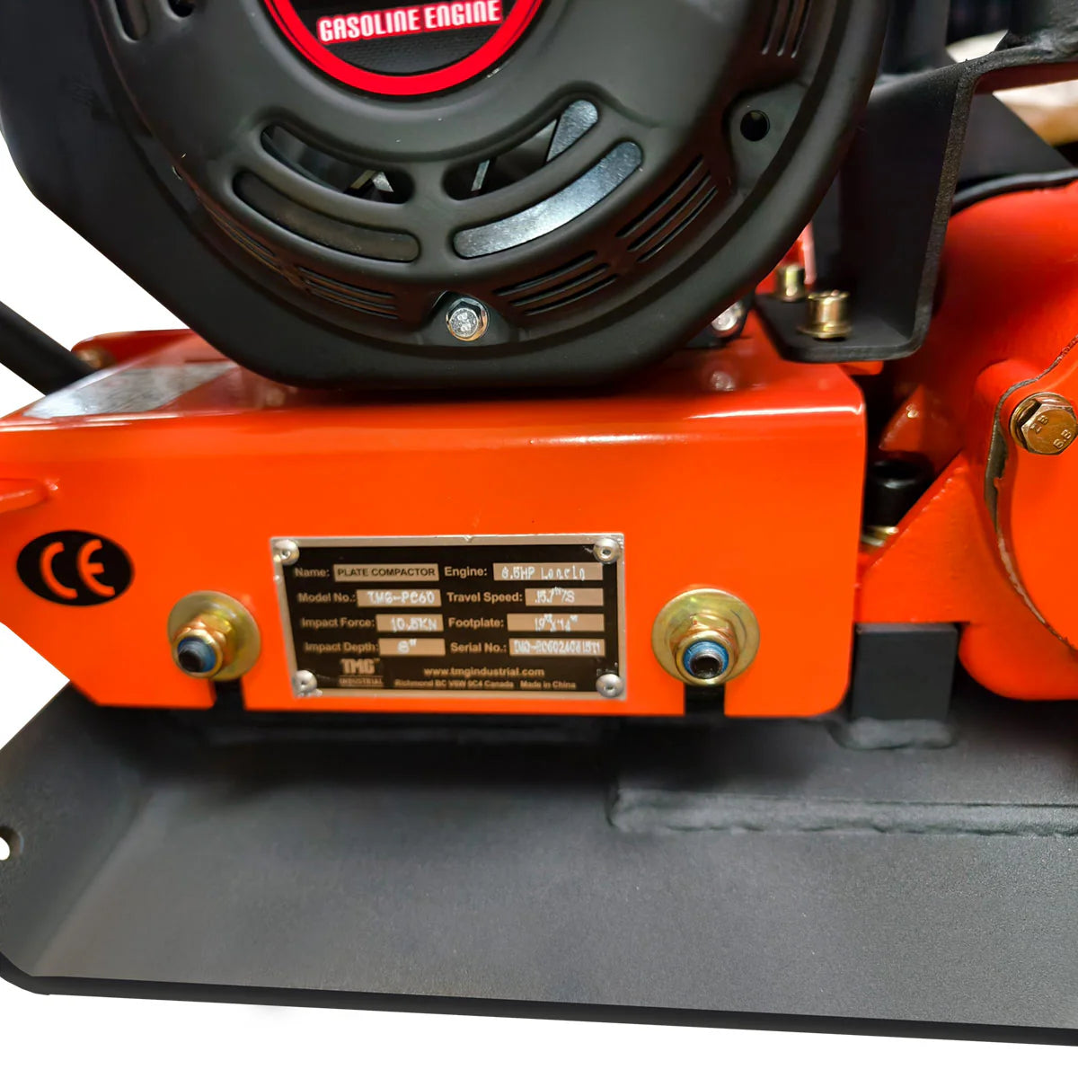 2380 Lbs Heavy-Duty Plate Compactor, 6.5 HP Loncin G200F Engine, 8" Compaction Depth, TMG-PC60