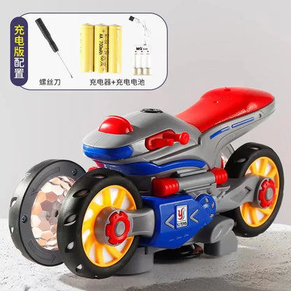 🏍️ Children’s Electric Transformable Motorcycle – Lights, Music & 360° Stunt Rotation