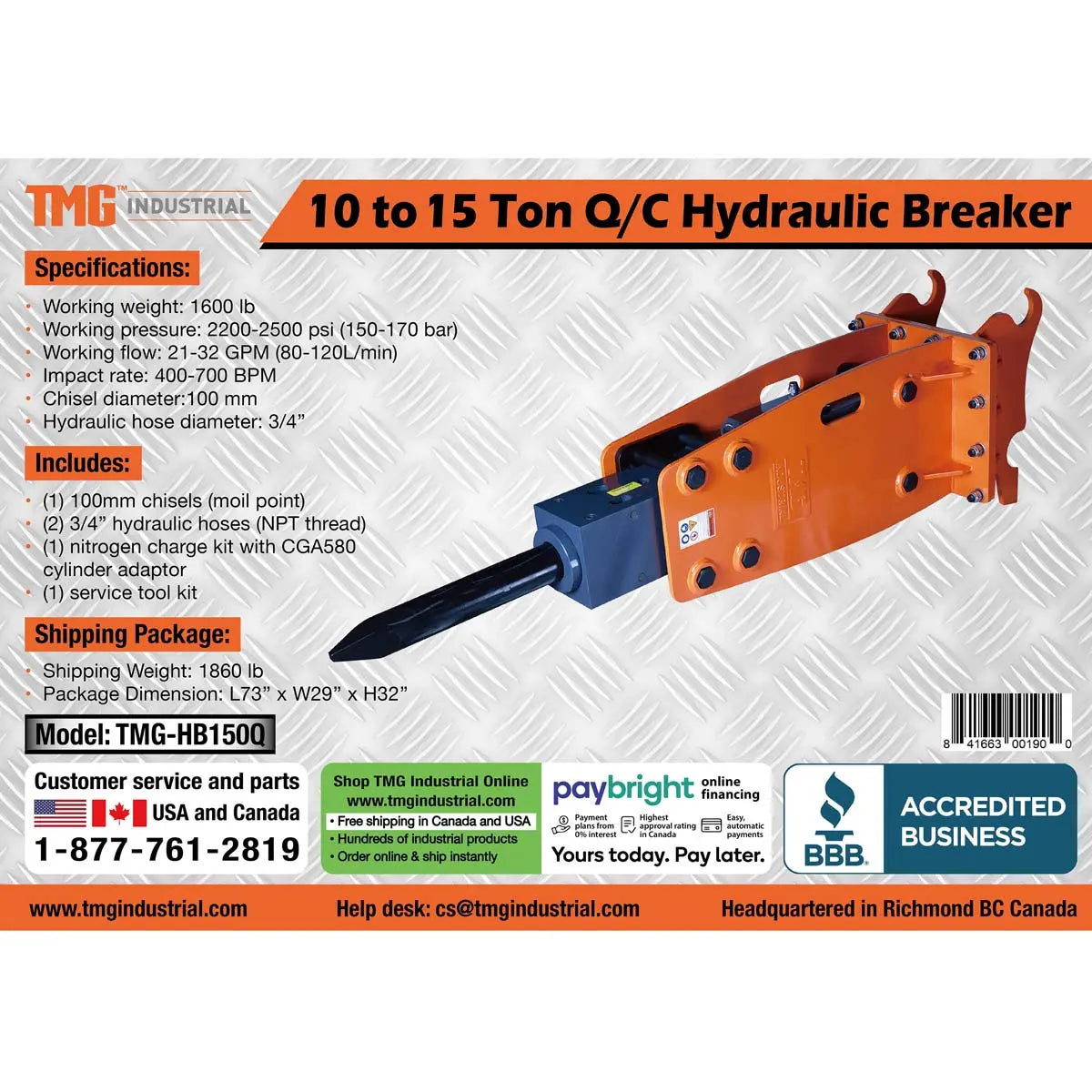 10-15 Ton Excavator/Backhoe Hydraulic Breaker, Quick Change (Q/C) Lugging, 4'' Moil Point Chisel, 1960 J Impact Energy, 400-700BPM, TMG-HB150Q