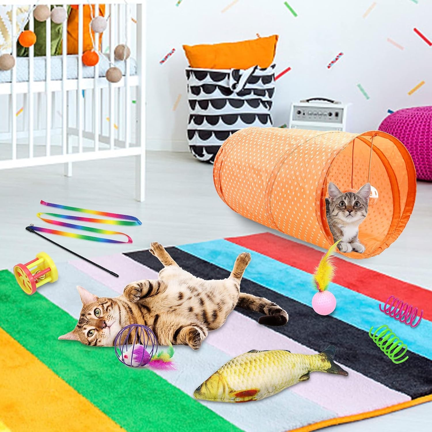 27-Piece Cat Toy Set – Interactive Kitten Toys with Tunnel, Catnip Fish, Feather Wand, Fluffy Mice, Jingle Balls & More – Ultimate Play Pack for Cats & Kittens