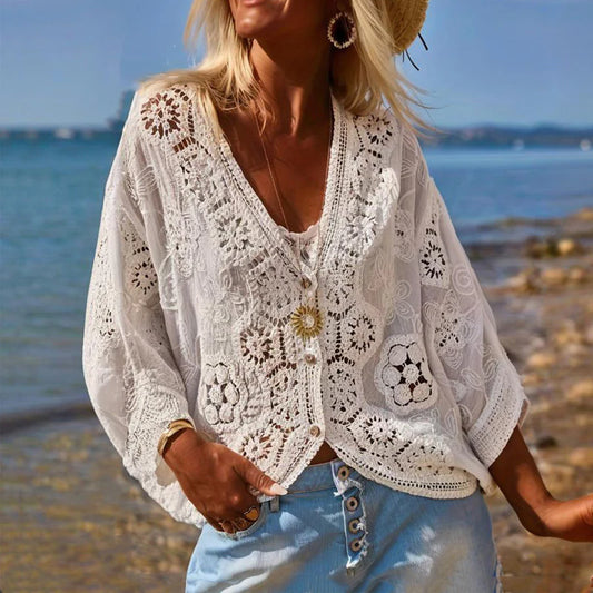 Women Fashion V-Neck Button Lace Semi-Sheer Geometric Pattern Mid-Length Sleeve Lightweight Cardigan