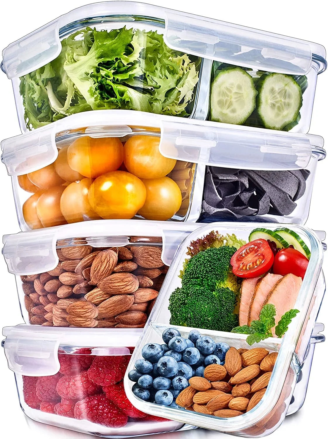 🍱 SmartPortion™ 5-Pack Glass Meal Prep Containers – 2-Compartment, 36oz | Oven & Microwave Safe