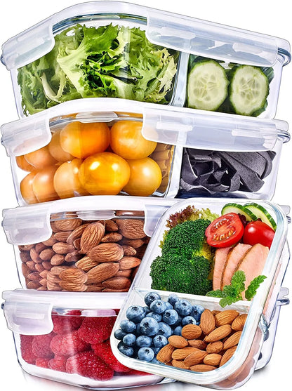 🍱 SmartPortion™ 5-Pack Glass Meal Prep Containers – 2-Compartment, 36oz | Oven & Microwave Safe